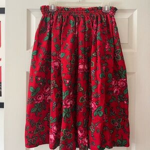 Vintage hand-sewn red midi skirt with roses